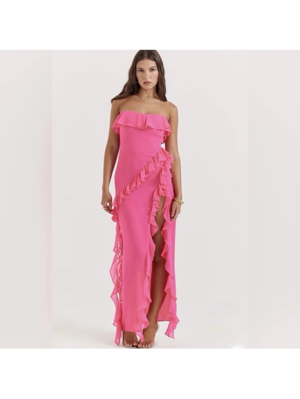 House of CB SARINA Fuchsia Ruffle Maxi Dress Size XS